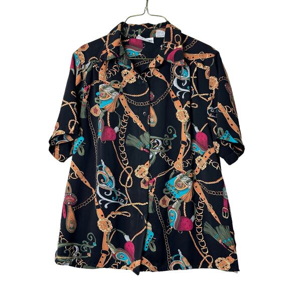 Alfred Dunner VINTAGE black Equine harness belt button down blouse Size 12 - Picture 1 of 6